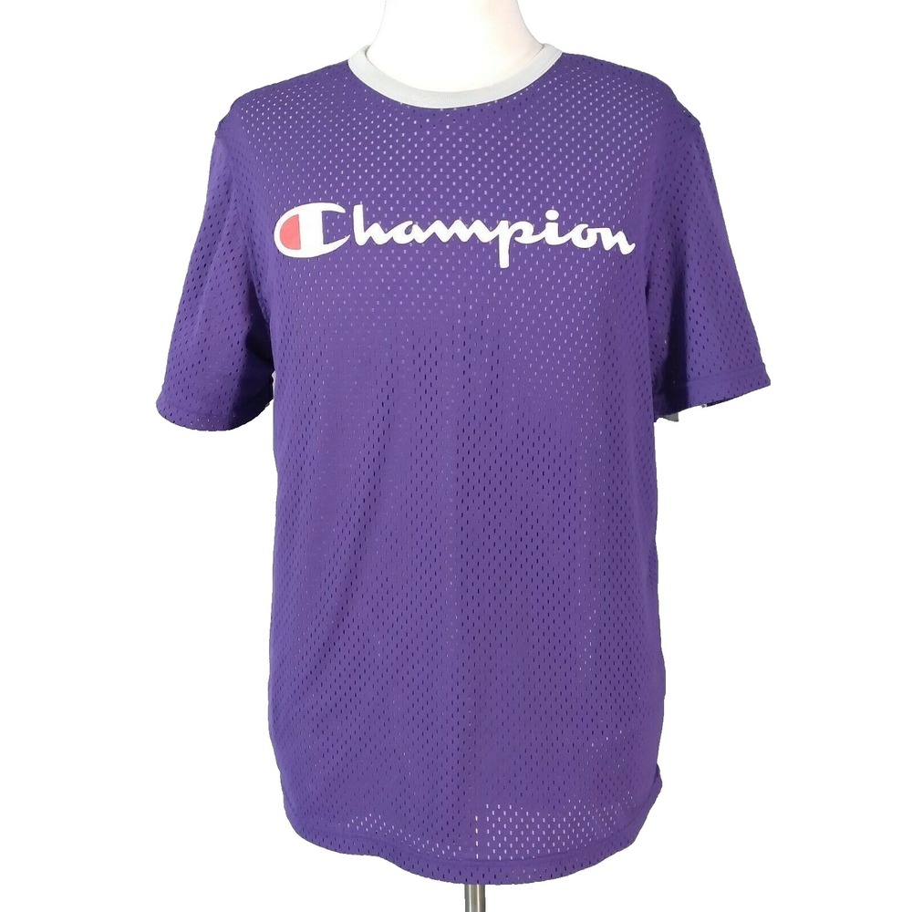 Champion Jersey Mens Large Purple Dual Layer Mesh Script Logo Active Shirt